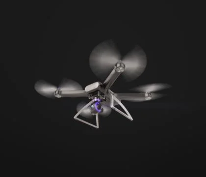 Modern Remote Control Air Drone Flying with action camera. on black backgroun Stock Illustration