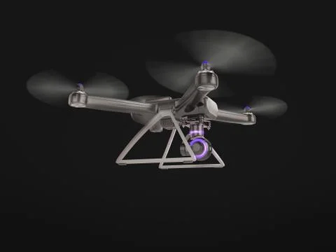 Modern Remote Control Air Drone Flying with action camera. on black backgroun Stock Illustration
