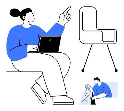 Modern Remote Work and Online Shopping Concept with Person, Laptop, and Chair Stock Illustration
