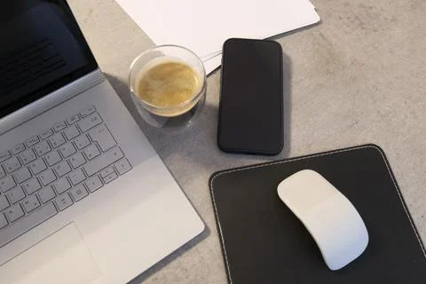 Modern Remote Work Desk Setup Laptop Coffee Smartphone Stock Photos