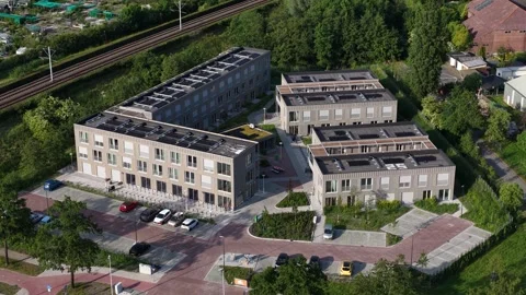 Modern residential apartment complex with solar panels aerial view Stock Footage 337779627