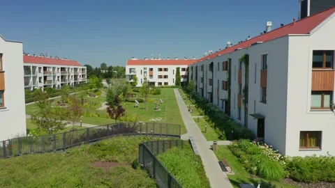 Modern Residential Complex Aerial View with Green Inner Courtyard Design Stock Footage 309529295