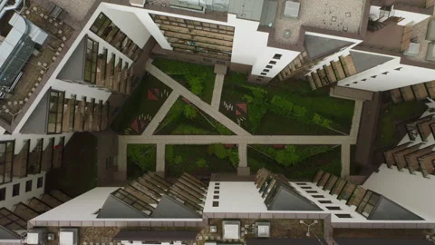 Modern residential complex inner courtyard and building roof infrastructure Stock Footage 335321906