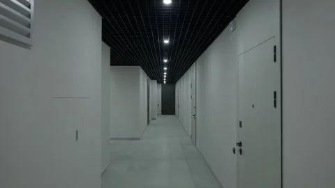 Modern residential corridor with grid ceiling and recessed lighting Video stock 347214755