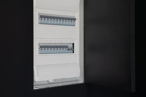 Modern residential electrical distribution panel with circuit breakers 스톡 사진