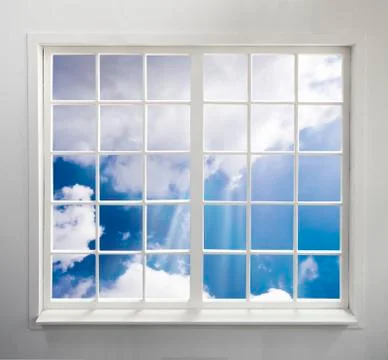 Modern residential window with clouds and light rays Stock Photos