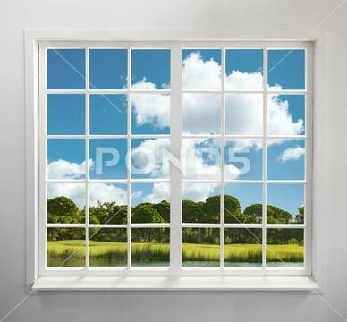 Modern residential window with lake and forest view Stock Photos