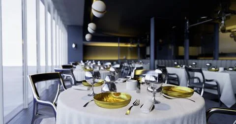 Modern restaurant with elegant dining and city views through large windows Illustrazione stock