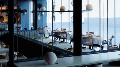 Modern restaurant with empty tables and reflections in windows Stock Footage 343507775