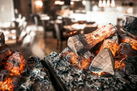 Modern restaurant with fireplace Stock Photos