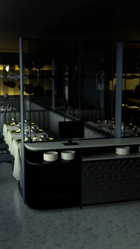 Modern restaurant interior design featuring open dining space and kitchen area Stock Footage 319119625