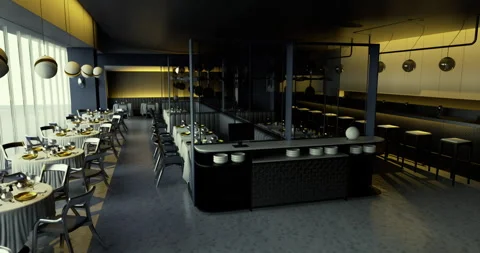 Modern restaurant interior design featuring open dining space and kitchen area Stockbeeldmateriaal 321350334