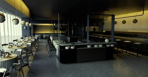 Modern restaurant interior design featuring open dining space and kitchen are Stock Illustration