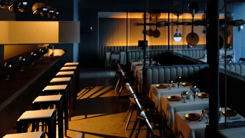 Modern restaurant interior with dim lighting and empty tables at night Stock Footage 345054123
