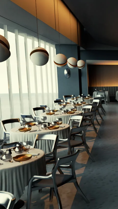 Modern restaurant interior with dining tables and large windows Stock Footage 337941669