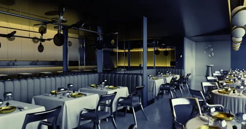 Modern restaurant interior with elegant seating and ambient lighting design Stock Footage 313632306