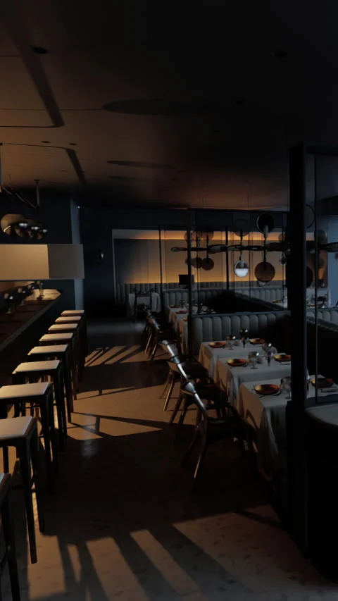 Modern restaurant interior at night with tables and bar area Stock Footage 337944547