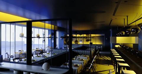 Modern restaurant interior with sleek design and ambient lighting at sunset Stockillustratie