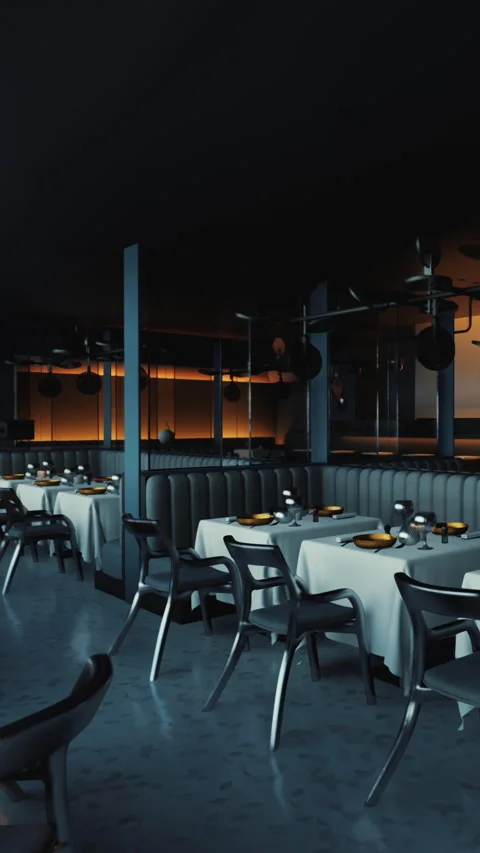Modern restaurant interior with tables and chairs during evening dining hours Stock Footage 337944534