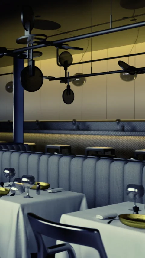 Modern restaurant interior with tables set for dining during evening hours Stock Footage 332214872