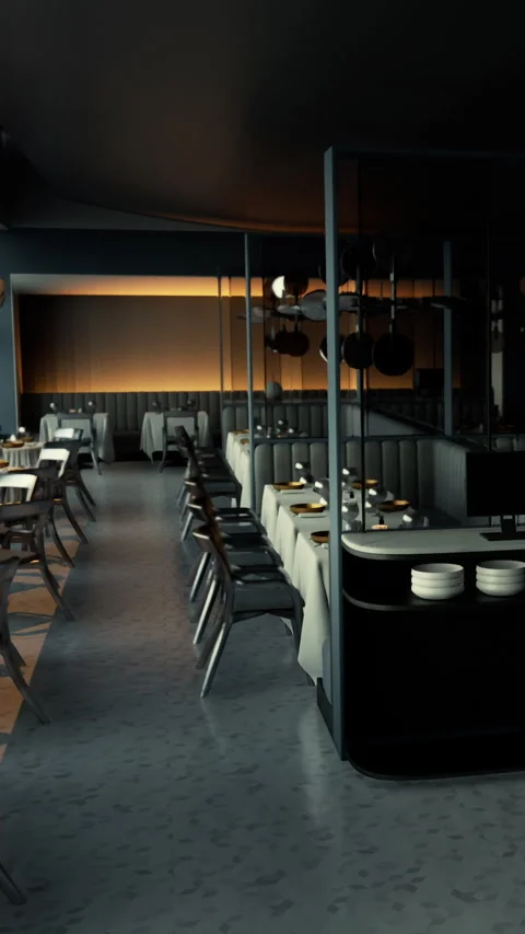 Modern restaurant interior view with tables and chairs during evening time Stock Footage 335355183