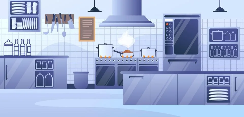 Modern Restaurant Kitchen Interior Flat Vector Stock Illustration