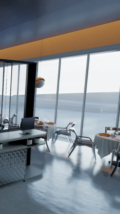 Modern restaurant with large windows overlooking the landscape in the afternoon Stock Footage 338379931