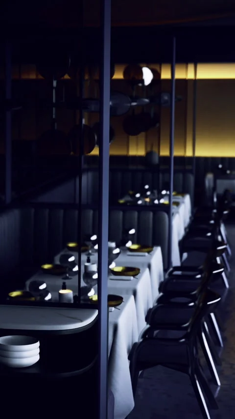 Modern restaurant layout with tables set for dining at night Stock Footage 334171226