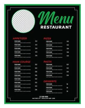 Modern Restaurant Menu Template  Elegant Black Design with Green Accents Stock Illustration