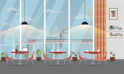 Modern Restaurant or cafe interior with large window and cityscape. Vector イラスト素材