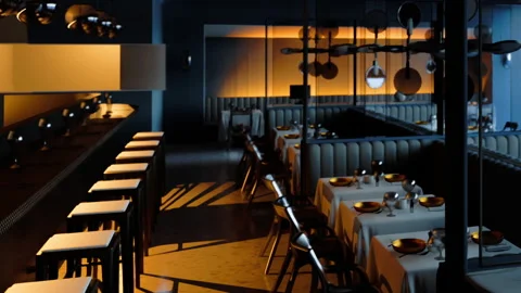 Modern restaurant setting with tables and empty chairs in evening light Stock Footage 344388347