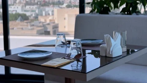 Modern Restaurant Table Setting Overlooking City Skyline Stock Footage 345370212