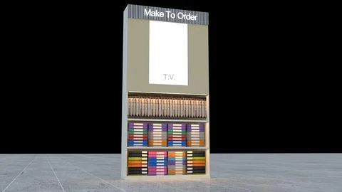Modern Retail Shelving Display Unit with TV Panel and Colorful Storage Stock Illustration