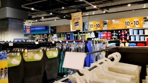 Modern Retail Store Interior Showcasing Household Items and Promotional Offers Stock Footage 305526174