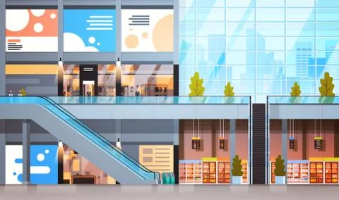 Modern Retail Store With Many Shops And Supermarket Empty Interior No People Stock Illustration