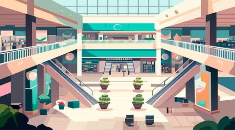 Modern retail store with many shops empty no people shopping mall interior Stock Illustration