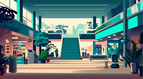 Modern retail store with many shops empty no people shopping mall interior Stock Illustration