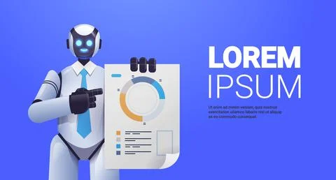 Modern robot analyzing statistics diagram financial data analyzing artificial Stock Illustration