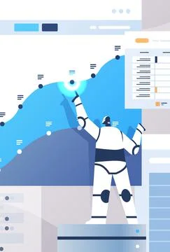 Modern robot analyzing statistics graph financial data analyzing artificial Illustrazione stock