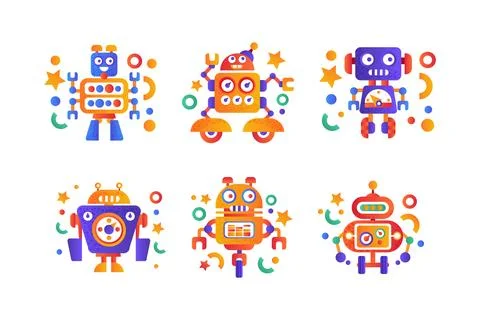 Modern Robot and Humanoid Bot with Face as Artificial Intelligence Flat Icon 스톡 일러스트