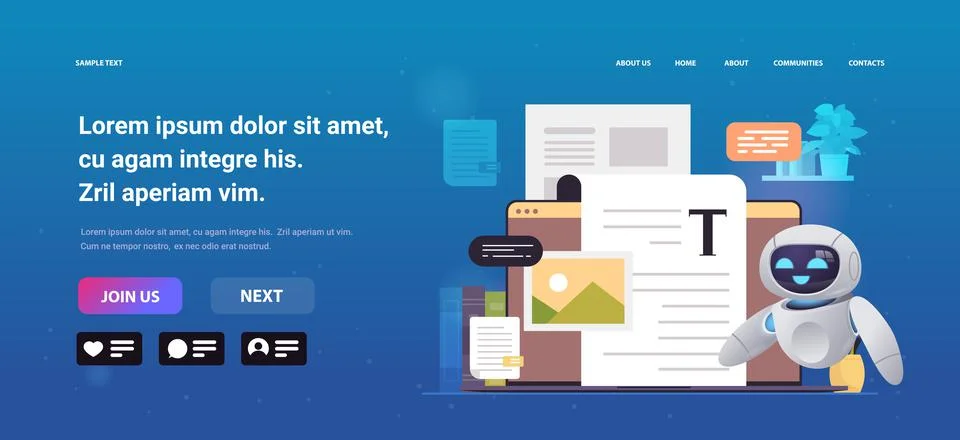 Modern robot article editor writing publicity post robotic journalist Stock Illustration