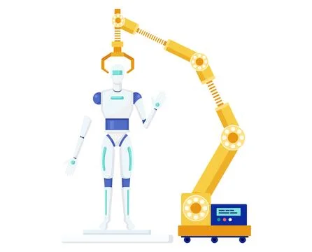 Modern robot assembly using advanced robotic arm machinery. Artificial Stock Illustration