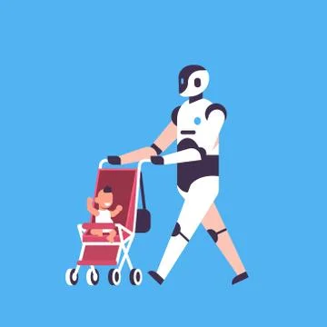 Modern robot babysitter walking stroller helper bot artificial intelligence 스톡 일러스트