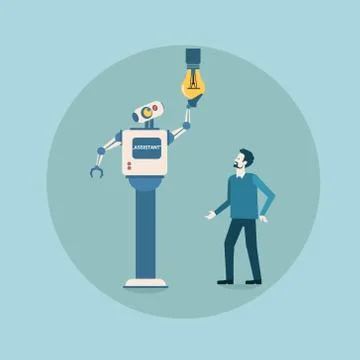 Modern Robot Changing Light Bulb Futuristic Artificial Intelligence Mechanism Stock Illustration
