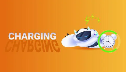 Modern robot charging artificial intelligence technology concept full length Stock Illustration
