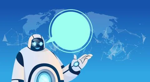 Modern Robot With Chat Bubble Over World Map Artificial Intelligence Technolo Stock Illustration