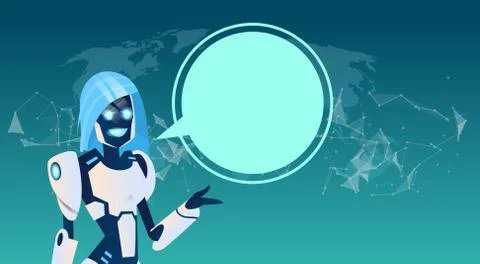 Modern Robot With Chat Bubble Over World Map Artificial Intelligence Technolo Stock Illustration