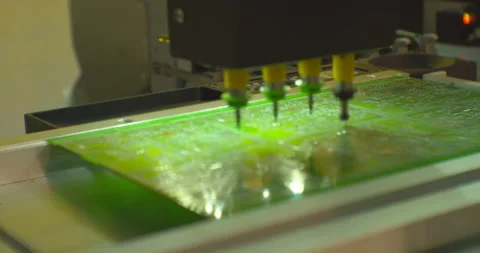Modern robot for electronics manufacturing makes a complex printed circuit board Stock Footage 152775175