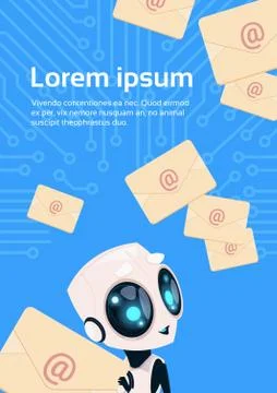 Modern Robot With Email Messages Chat Bot Over Circuit Background With Copy Stock Illustration