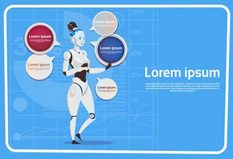 Modern Robot Female With Chat Bubble Futuristic Artificial Intelligence Stock Illustration